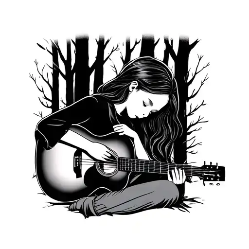 girl asleep with guitar in woods tattoo design idea
