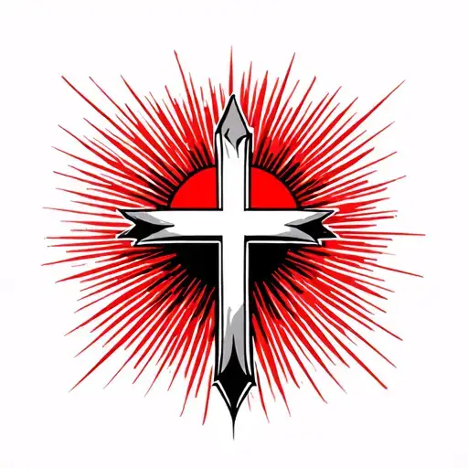 simple cross tattoo with red sun rays in the background for the inner bicep tattoo design idea