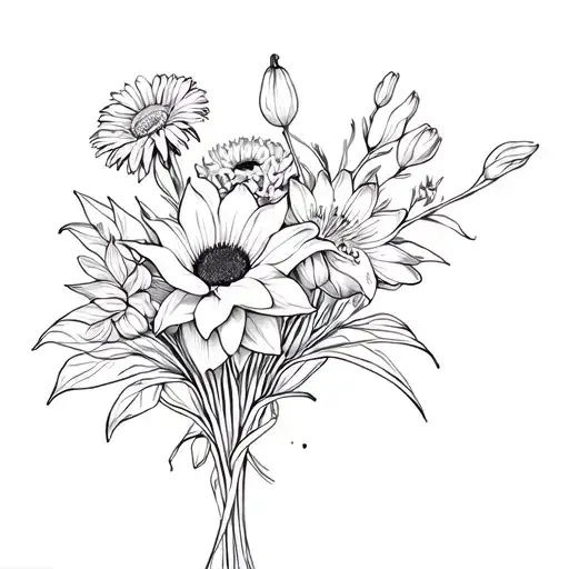 a lily, sunflower, chrysanthemum, orchid, tulip and wildflower bouquet sprouting from a lotus flower tattoo design idea