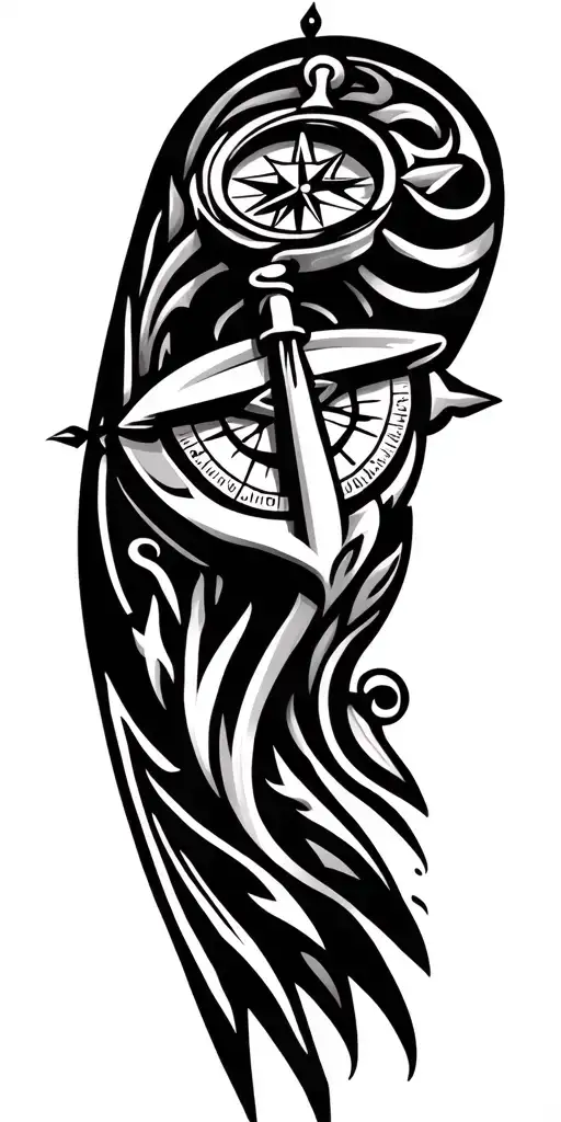 compass with anchor Surrounded by maori design tattoo design idea
