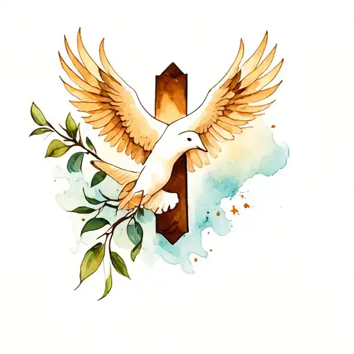 Roman Catholic cross with dove hand coming from the heaven and an olive branch  tattoo design idea