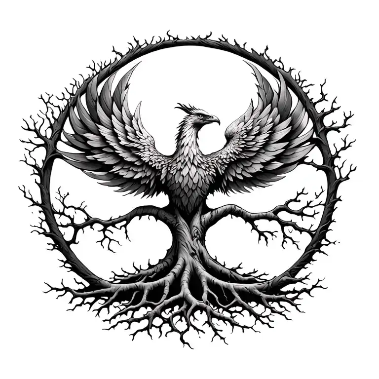Tree of life with roots represent a phoenix tattoo design idea