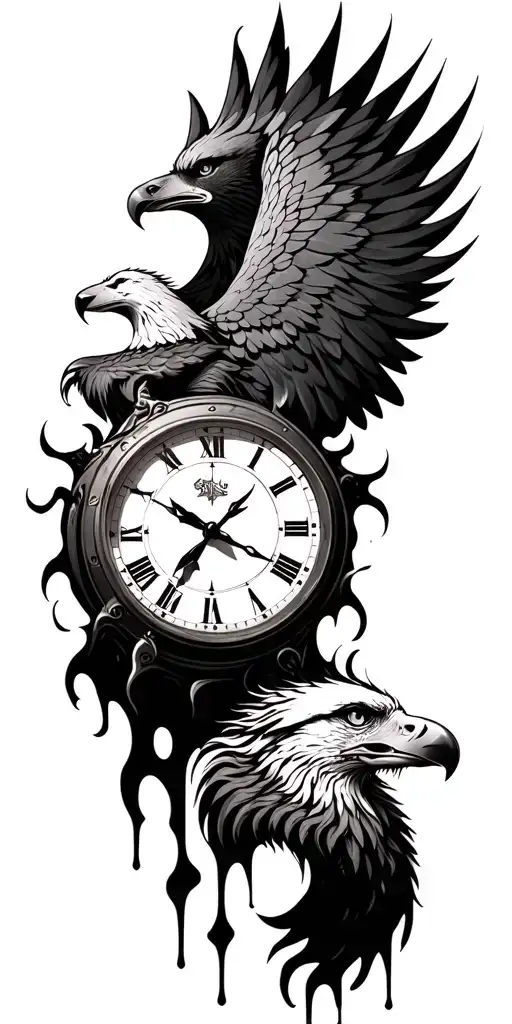 gladiator, wolf, eagle hour clock melting tattoo design idea