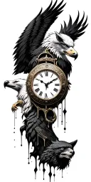 gladiator, wolf, eagle hour clock melting tattoo design idea