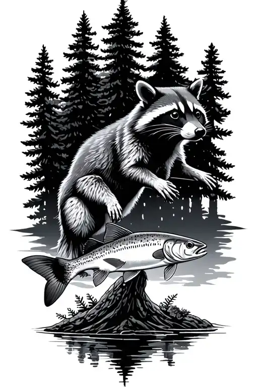 pinetree, raccoon, hummingbird, trout jumping tattoo design idea