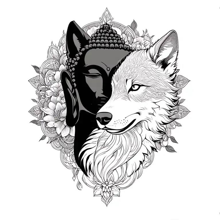 Buddha and wolf standing tattoo design idea
