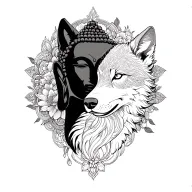Buddha and wolf standing tattoo design idea