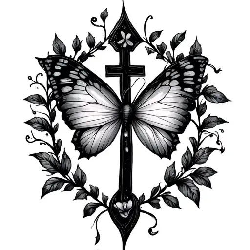 A delicate cross as the foundation. A small semicolon placed along one of the crosses arms. A subtle butterfly emerging  tattoo design idea