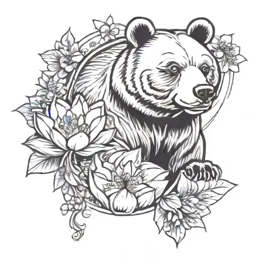 Japanese bear and lotus blossom tattoo design idea