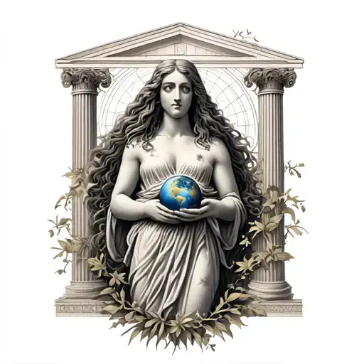 greek goddess with long curly hair surrounded by columns and vines holding the earth in her hands tattoo design idea