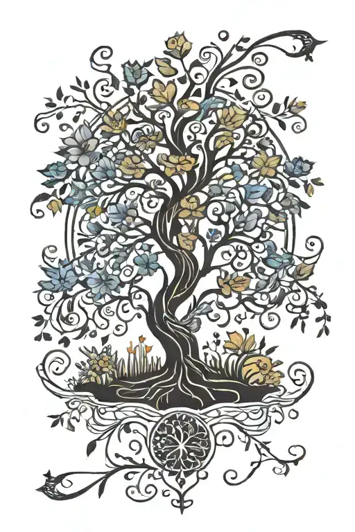 tree of life with May, August, October, November, June birth flowers tattoo design idea