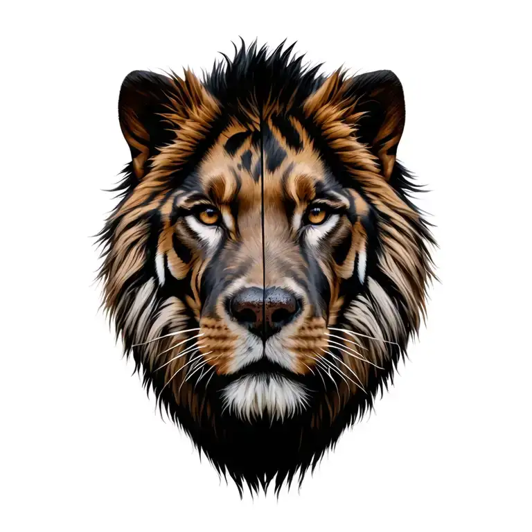 head one half of the face of a lion other half of the dog of the Staffars of Terrier with Tigerov tattoo design idea