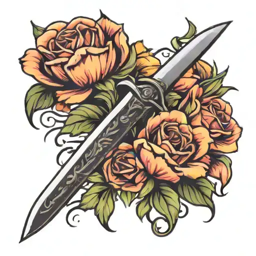 bouquet of tulips and roses with sword   tattoo design idea