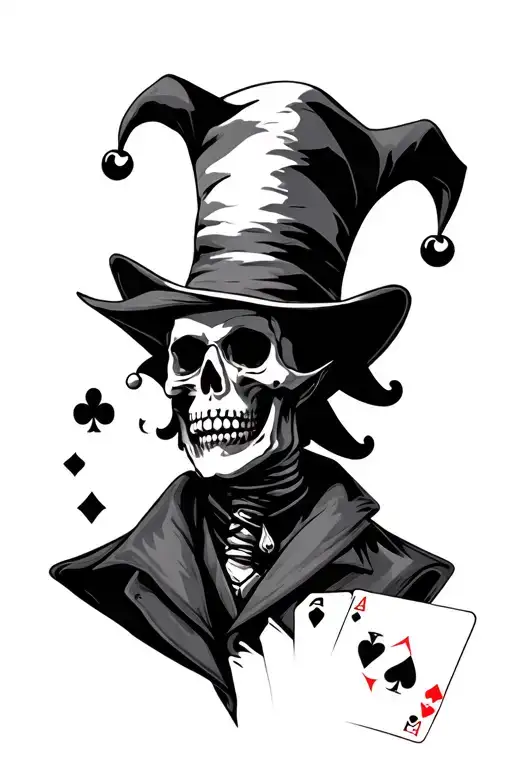 skeleton, jester, playing cards, smoke tattoo design idea
