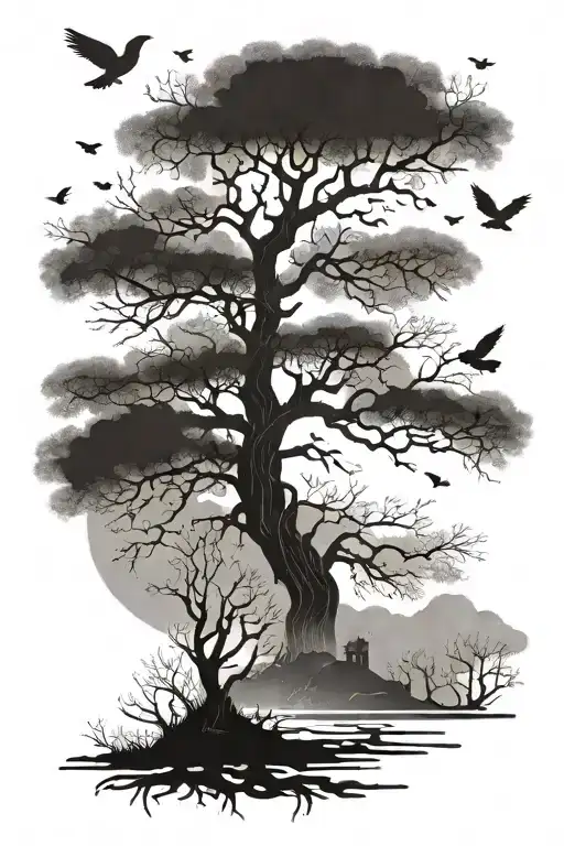 poison tree with no leaves fog and birds tattoo design idea