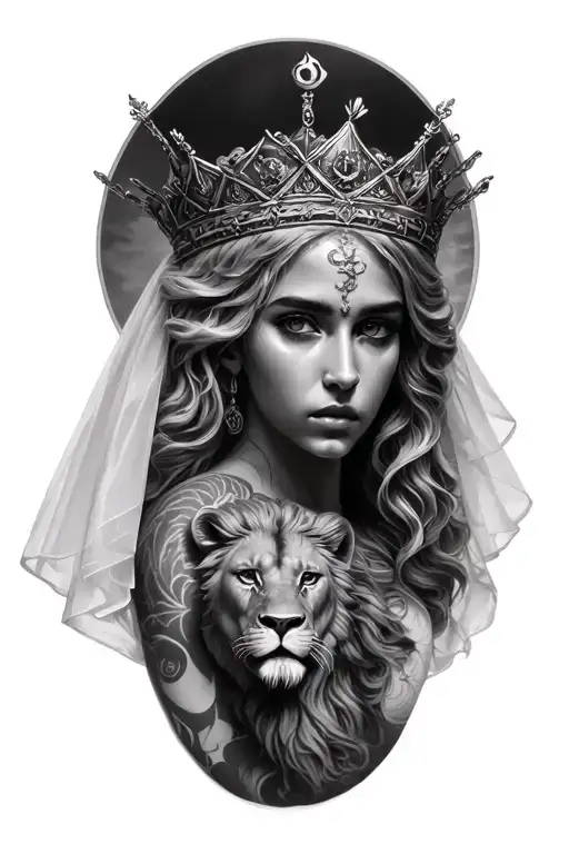 black & grey realism greek goddess leto with light color hair, wearing crown with veil, a lion and moon tattoo design idea