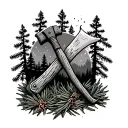 	hatchet as the central element, surrounded by forest imagery like tree trunks, branches, and falling pine needles. The  tattoo design idea