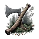 	hatchet as the central element, surrounded by forest imagery like tree trunks, branches, and falling pine needles. The  tattoo design idea