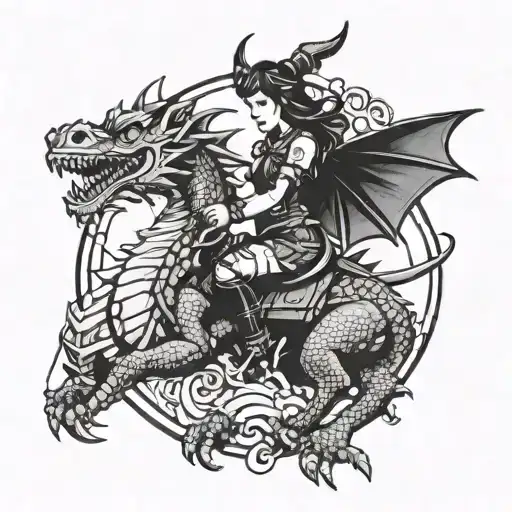 A fantasy-inspired tattoo of a girl riding a dragon with BDSM accessories tattoo design idea