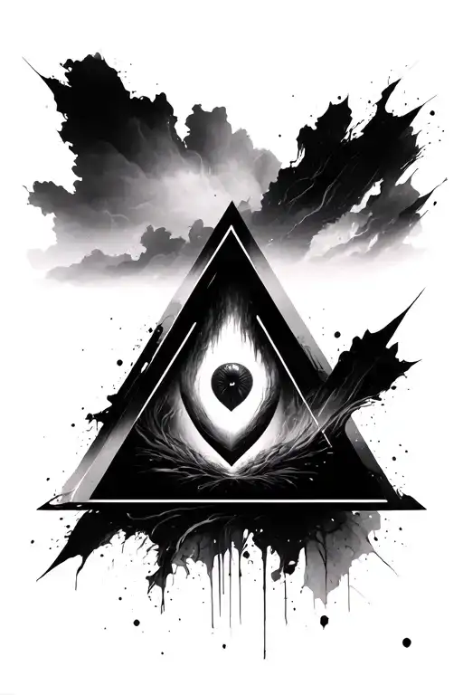 Create an illustration in black and white, on a white -unstructured background - in the center, draws a large equilateral triangle tattoo design idea