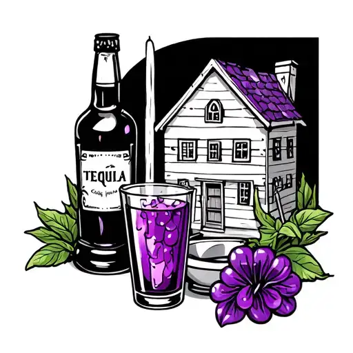 lily and violet flower, shot glass, tequila bottle, wash bowl, holiday house, bunk bed, grape tattoo design idea