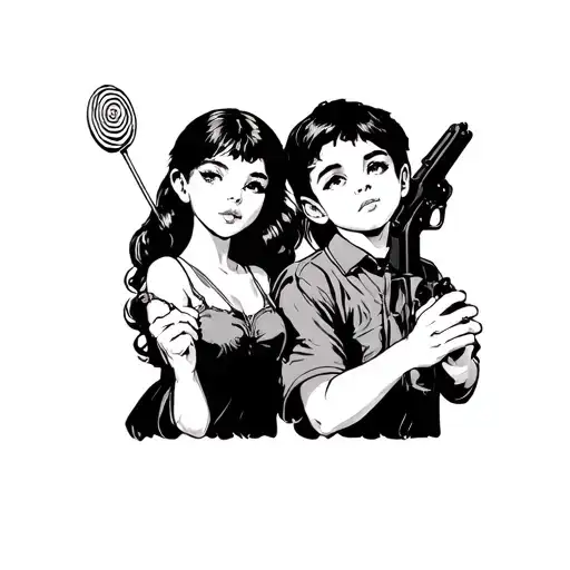 girl holding an oval lollipop and boy holding a pistol tattoo design idea