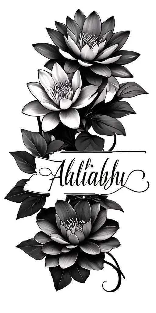 the name Aaliyah written in elegant cursive font and water lily’s surrounding the name tattoo design idea
