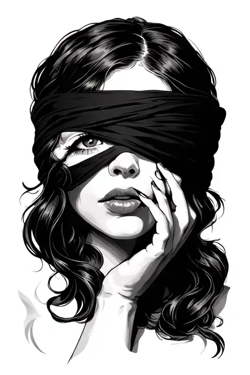 female blindfolded face, with one hand she makes her eye visible  tattoo design idea