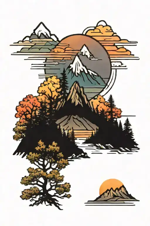 mountains trees colors sunset tattoo design idea