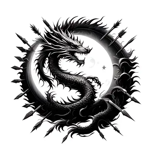 indonesian dragon catching the moon, surrounded by seven arrows tattoo design idea