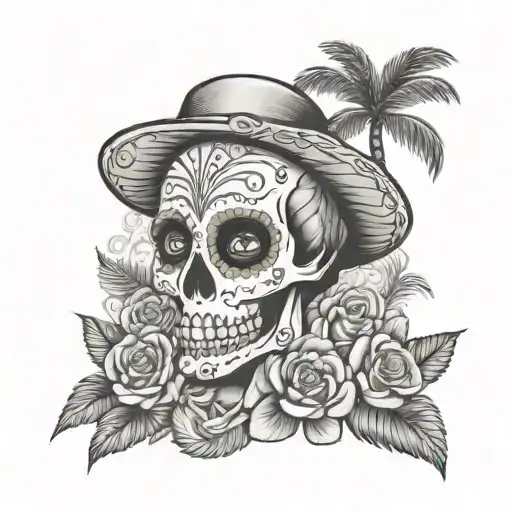 day of the dead in los angeles with palm trees tattoo design idea