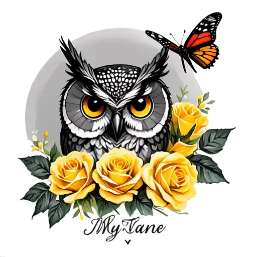 owl ,yellow roses,butterfly,name below tattoo design idea