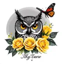 owl ,yellow roses,butterfly,name below tattoo design idea