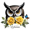 owl ,yellow roses,butterfly,name below tattoo design idea