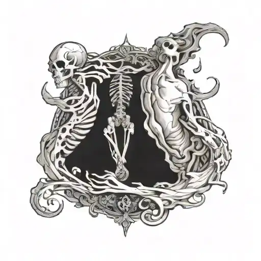 The tattoo in the image depicts a highly detailed and surrealistic design. It features a skeletal figure with a partial  tattoo design idea
