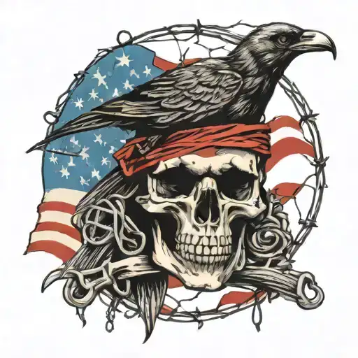 anarchism skull crow barbed wire tattered flag post apocalypse tattoo design idea