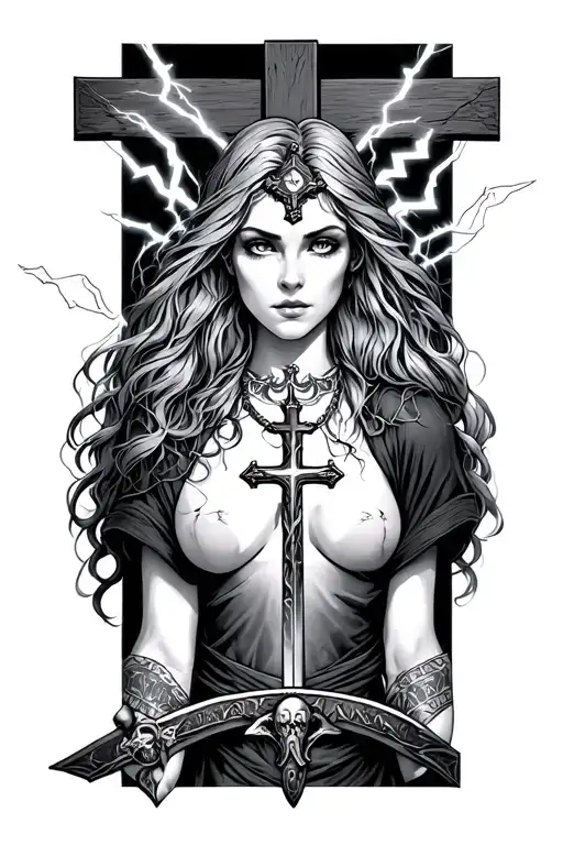 justica with ghosts crucifix around her neck, lightning as backround and a viking sword tatto tattoo design idea
