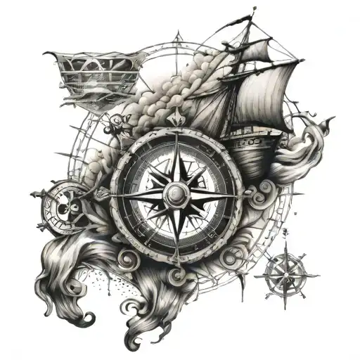 An intricate tattoo featuring a compass and a ship to symbolize your occupation as a seaman and passion for traveling tattoo design idea