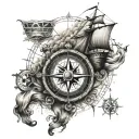 An intricate tattoo featuring a compass and a ship to symbolize your occupation as a seaman and passion for traveling tattoo design idea