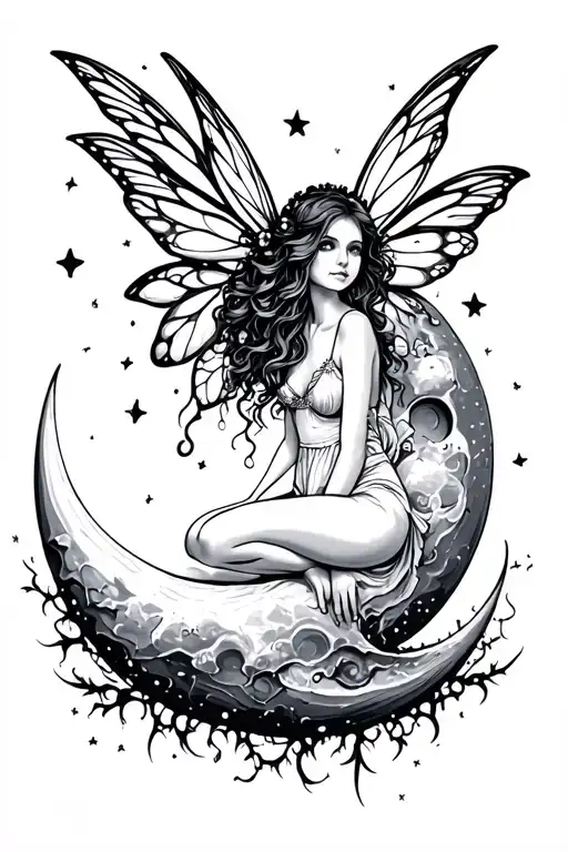 fairy sitting on moon tattoo design idea