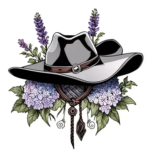 fine line tattoo that includes a cowboy hat, bolo tie, a spray of lavender, a spray of lilacs, and a cardinal all in one tattoo design idea