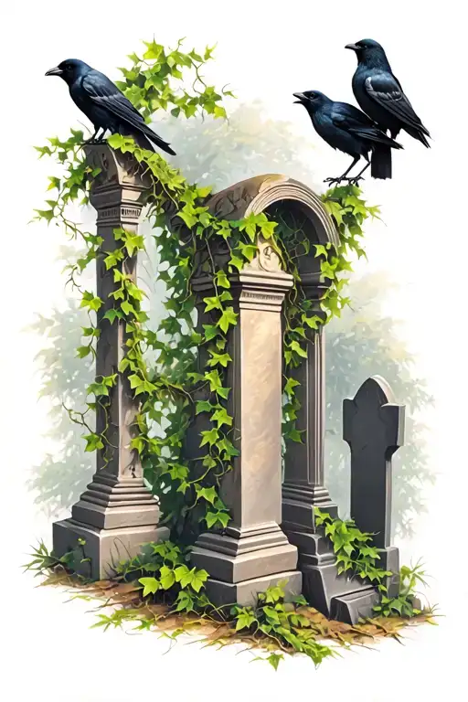 graveyard scene, green overgrown ivy vines,crows perched tattoo design idea
