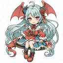 Little Loli vampire with long blue hair and shiny blue eyes wearing red clothes style anime tattoo design idea