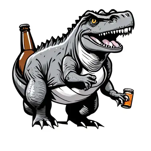 Sweet comic dinosaurs, grinning and small tummy. Beer bottle in the hand tattoo design idea