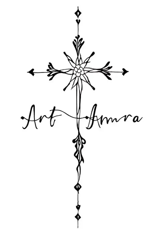 cross shaped tattoo with word Art and Amara altogether tattoo design idea