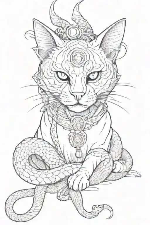 multi-eyed cat tied with a snake and a Japanese mask tattoo design idea