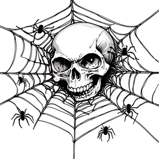 Skull with spider web. Small spiders emerge from the eye socket tattoo design idea