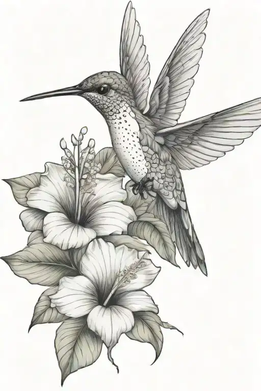 hummingbird with hibiscus and tropical leaves tattoo design idea