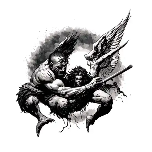 the battle for deliverance, the egos conflict with the shadow, primitive man's struggle to acheive consciousness tattoo design idea