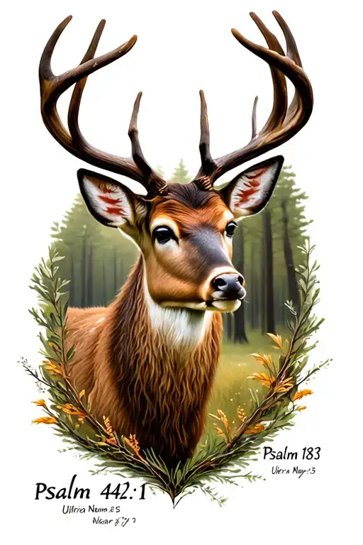Tattoo of deer in the woods inspired by the bible verses Psalm 42:1 and Psalm 18:33 including the verse name in number i tattoo design idea